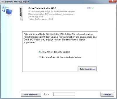 Datenbernahme vom Fora Diamond Mini USB ins Diabetes-Tagebuch